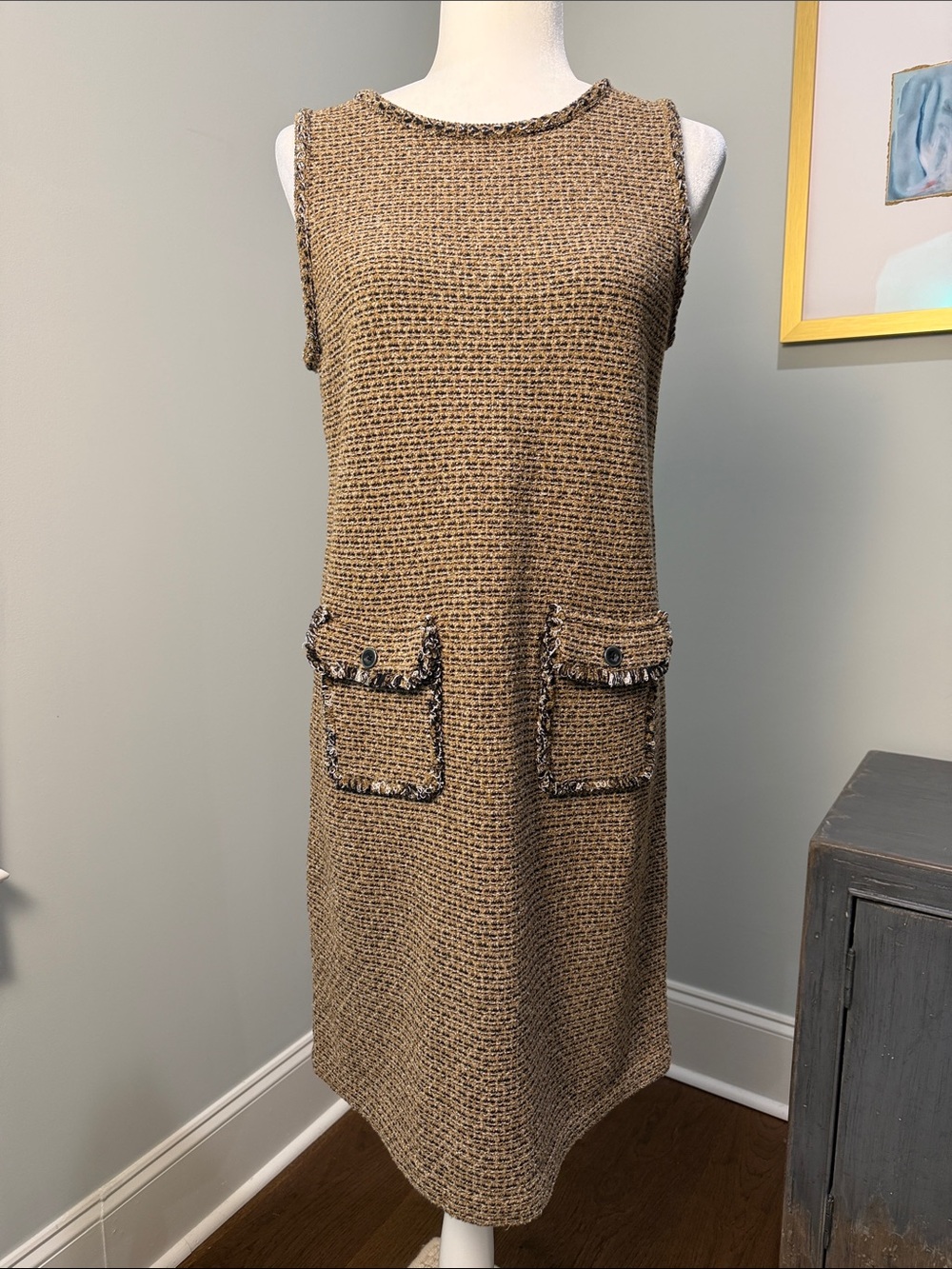 J. Jill Sleeveless Tweed Shift Dress in Brown and Black Trim. NWOT. XS Petite.